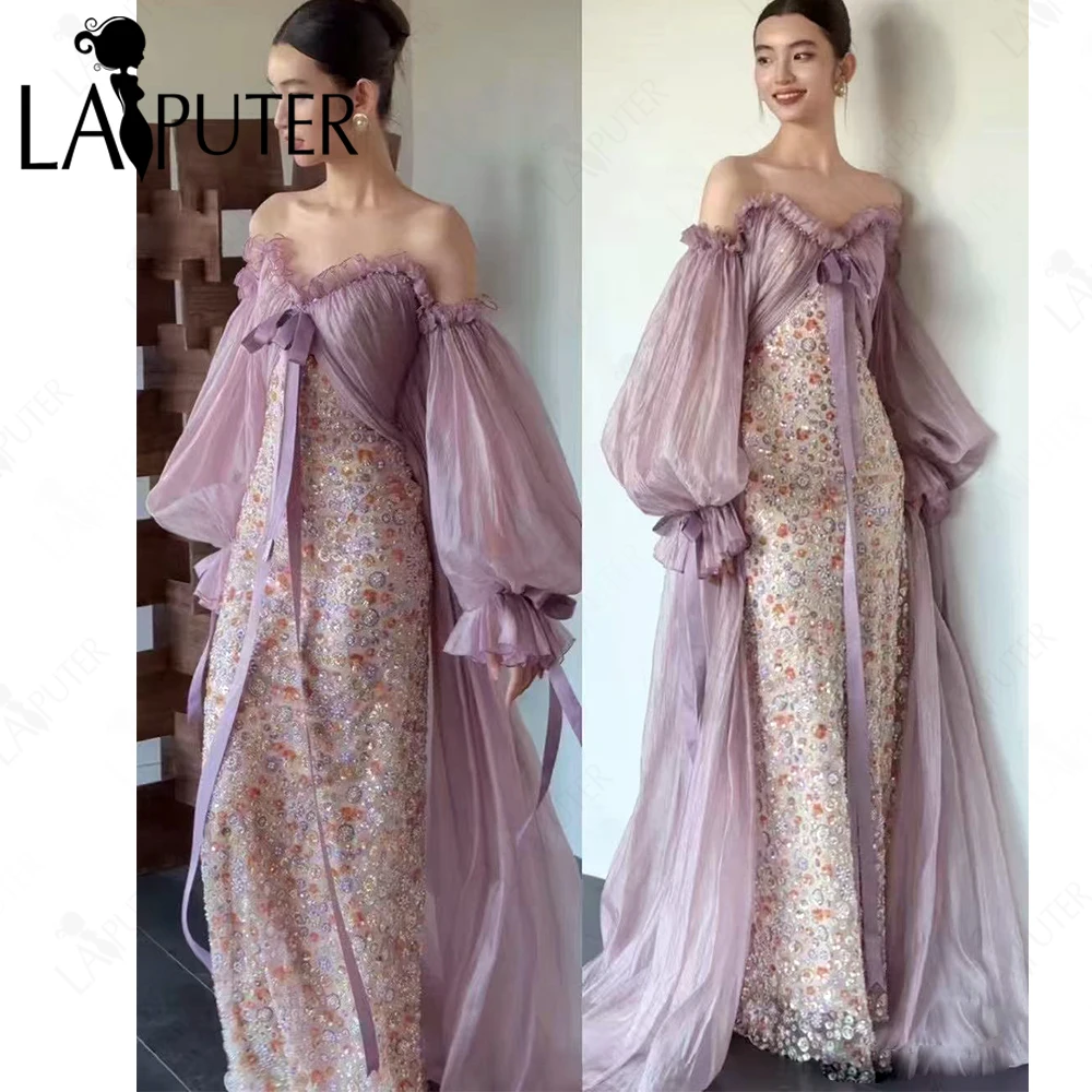 

Purple Evening Dresses Beaded Lace Column Long Woman Prom Dress Lantern Long Sleeves Cape Ribbon Cute Formal Dress 2025