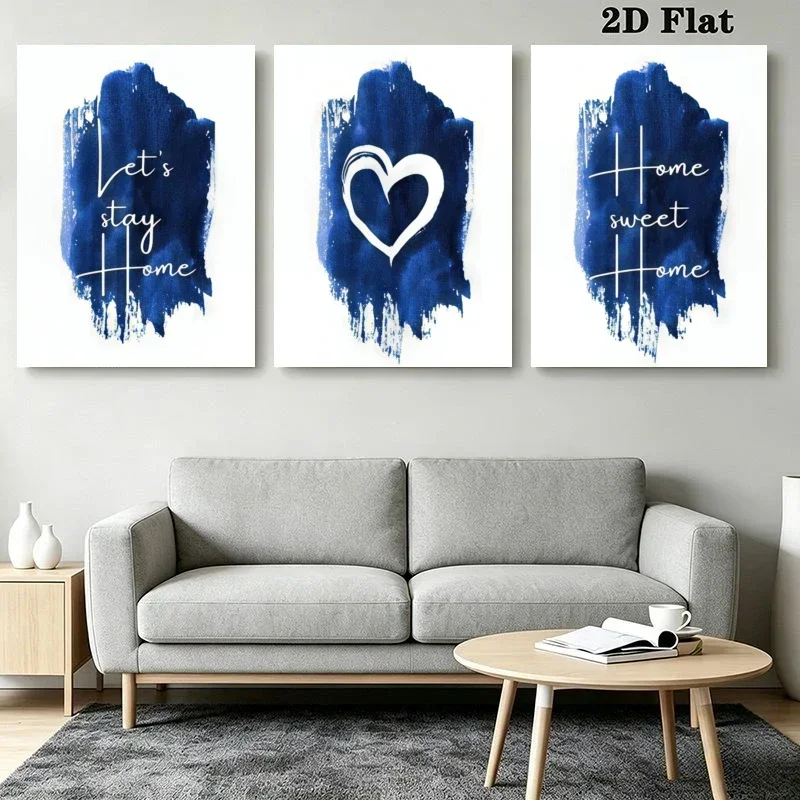 3pcs frameless Canvas Painting 2D Flat, 3pcs Modern Boho Blue Watercolor Wall Art with 