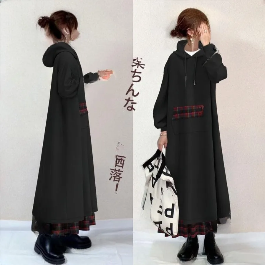 

【New style】Stock Japanese 206 autumn new style hooded plaid splicing fake two-piece sweater dress
