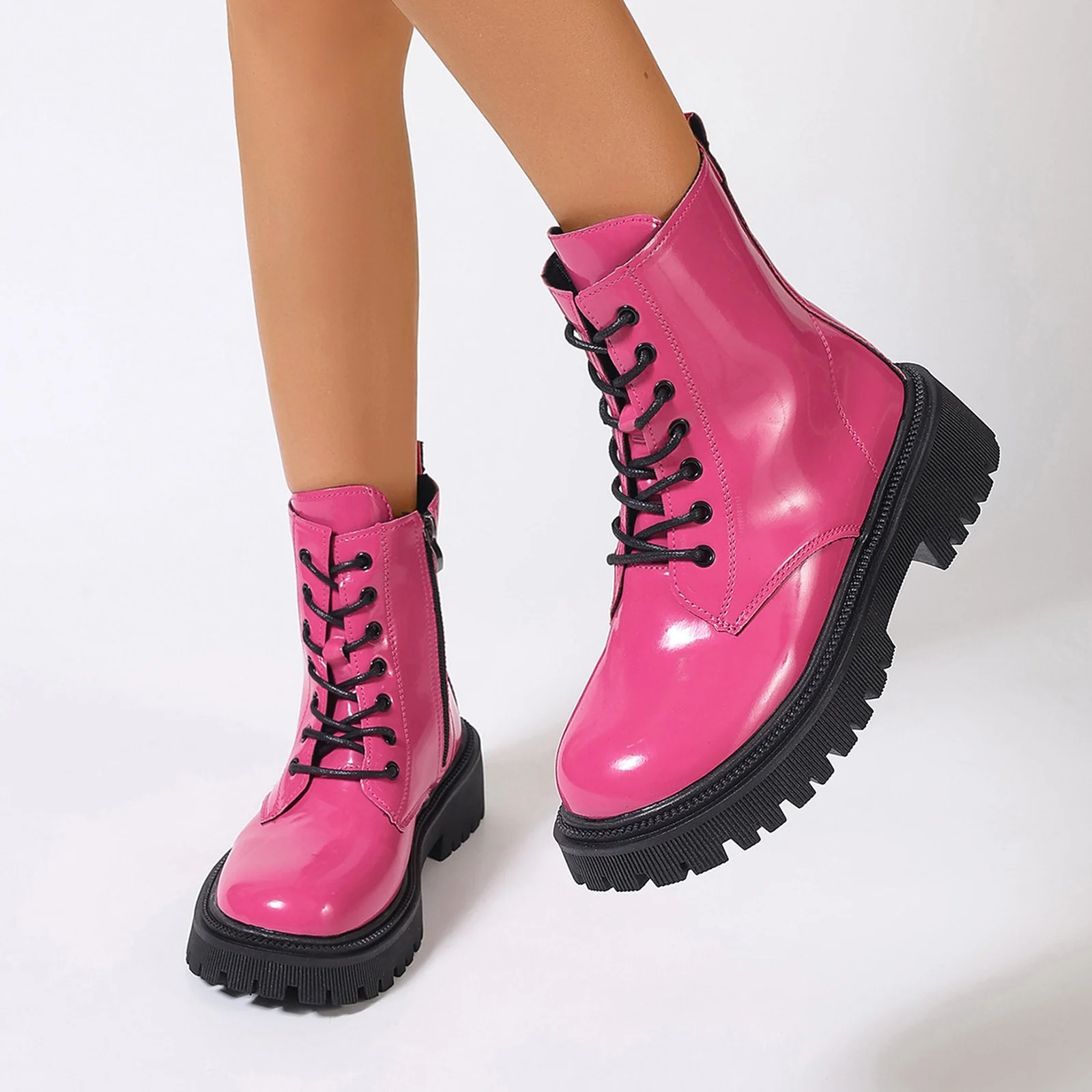 Ladies New Plus-Size Platform Boots Side Zip Lace-Up Glossy PU Ankle Boots British Style Retro Round Toe Motorcycle Single Boots