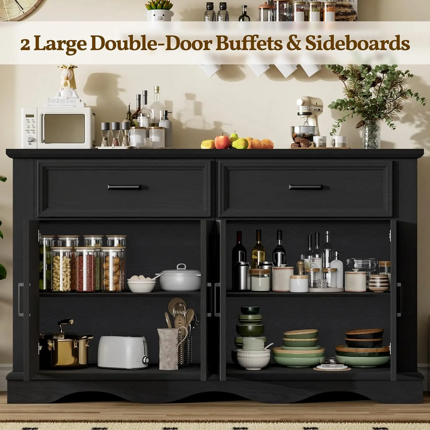 خزانة بوفيه خشبية مقاس 56 بوصة مع مساحة تخزين، وبار القهوة والنبيذ الحديث، وقاعدة مموجة، ومحطة شحن، باللون الأسود #3