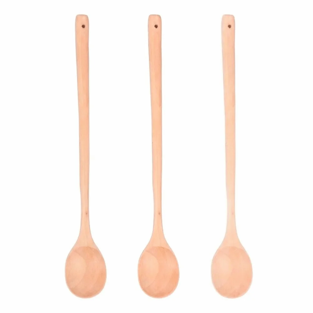 3Pcs No Scratch Wood Serving Spoons Long Handle Smooth Soup Spoon Round Spoon Head Solid Food Spoon Cooking