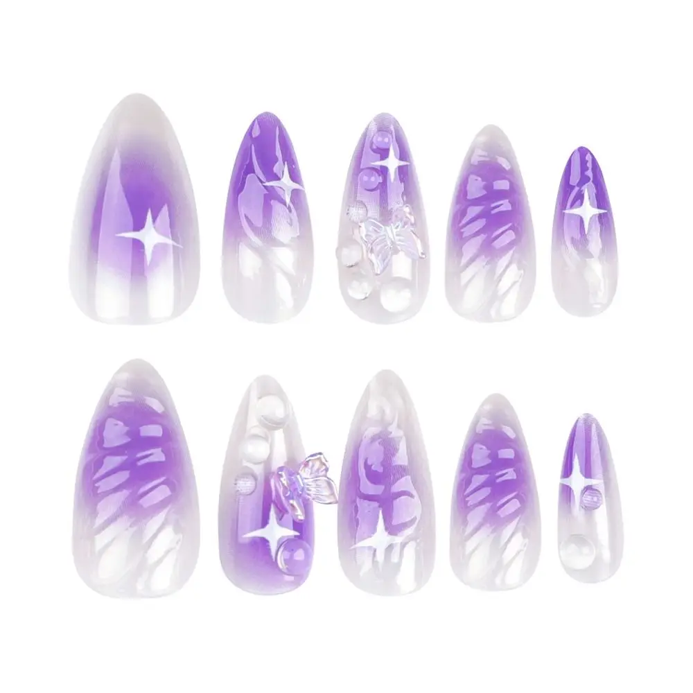 Manicure Long Almond False Nails French Elegant Fake Nials Star 3D Butterfly Love Heart Nail Tips Women