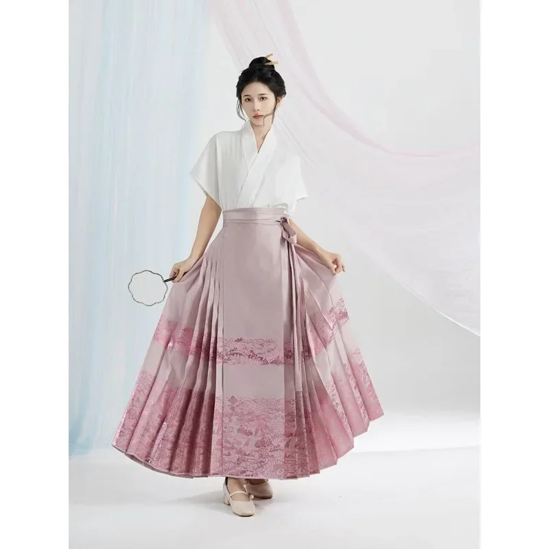 Heavy Industry Pink Blue Gold Woven Yarn Mother of Pearl Hanfu Horse Faced Skirt Female Ming Dynasty Princess Cospaly Costumes