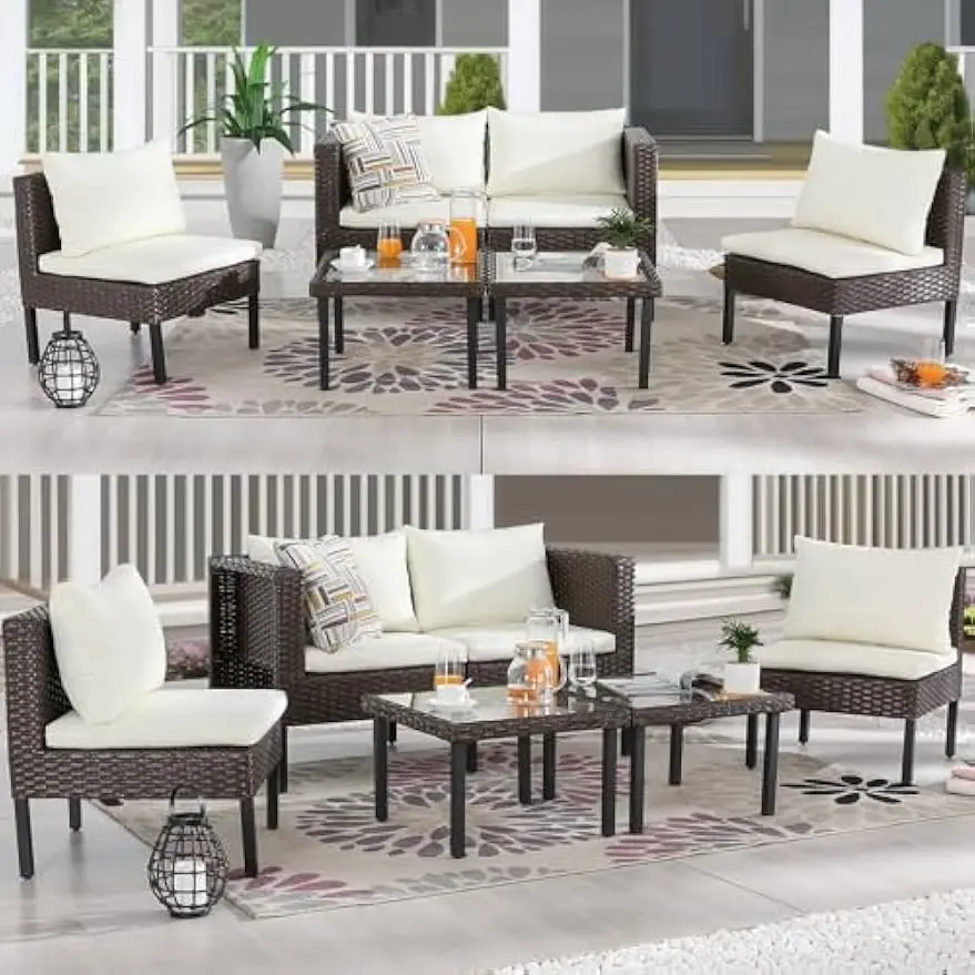 Patio Conversation Sets Space Saving Outdoor Furniture Set Cushioned Wicker Sectional Sofa Set with All Weather Frame