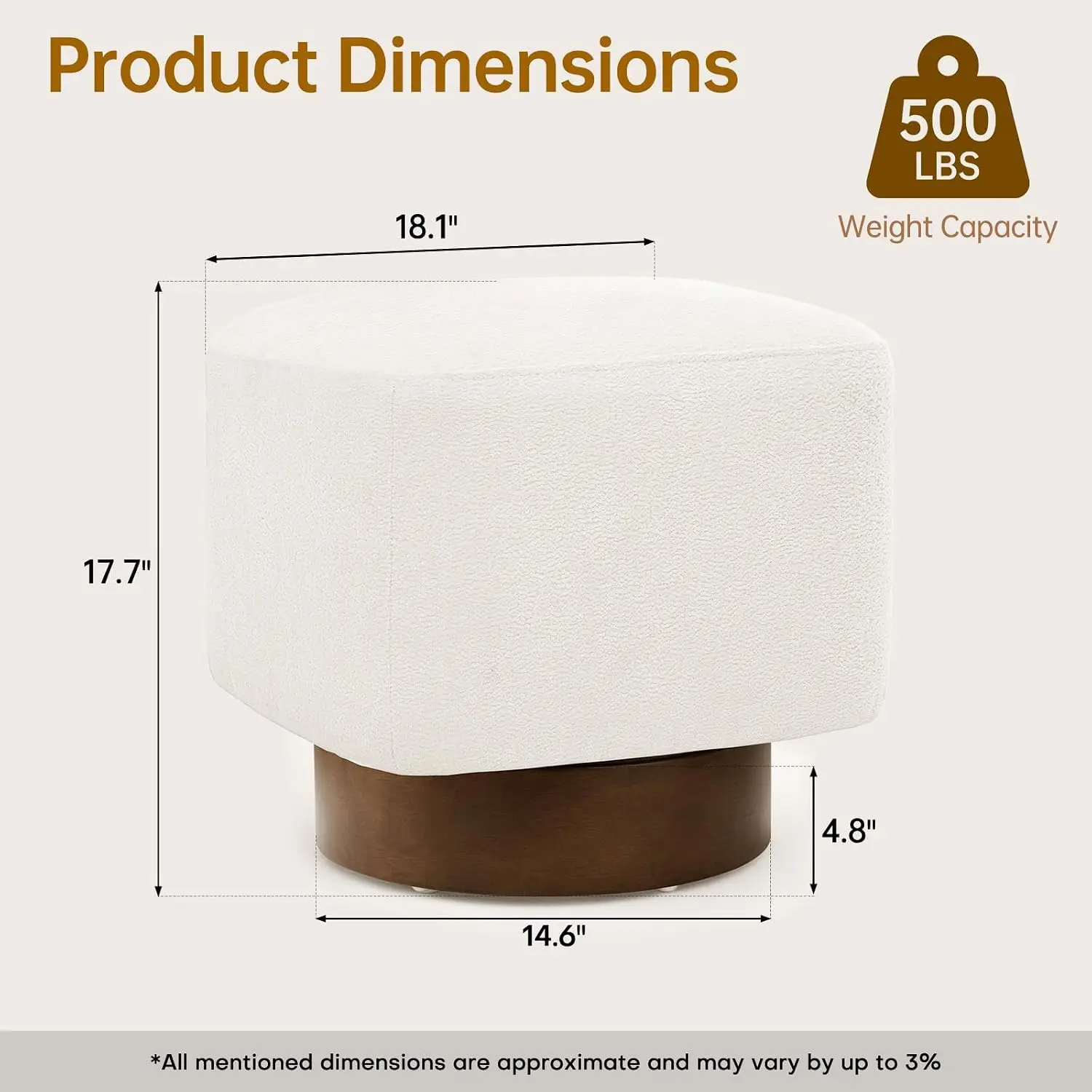 360° Swivel Square Accent Ottoman, White Chenille, Customized