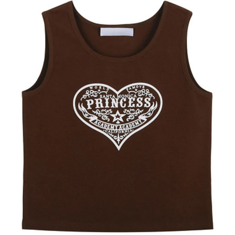 

2025 summer new American retro dark brown niche fashion spicy girl style pullover sleeveless letter heart printed vest T-shirt