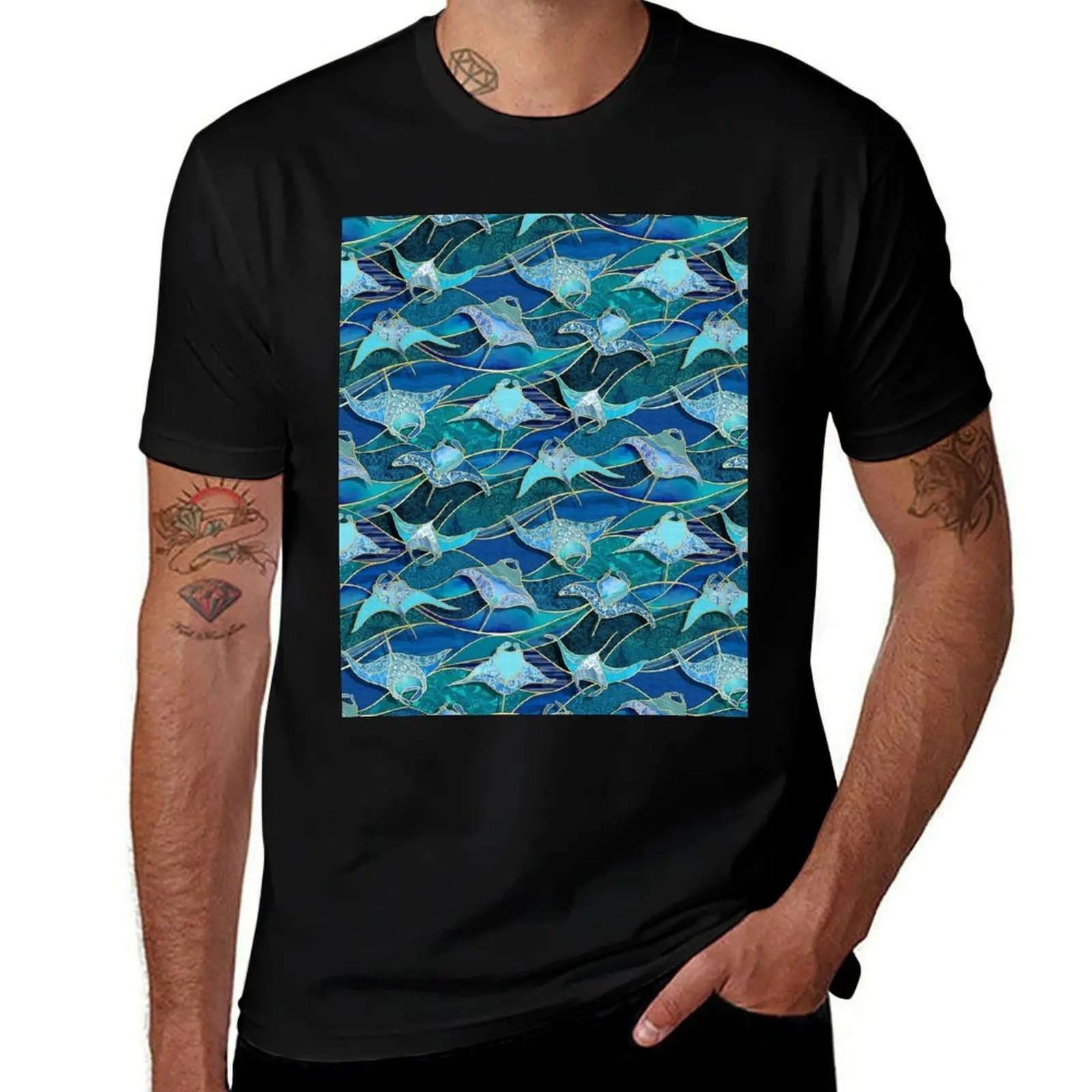 Patchwork Manta Rays in Sapphire and Turquoise Blue T-Shirt Stain Resistant Casual Tee