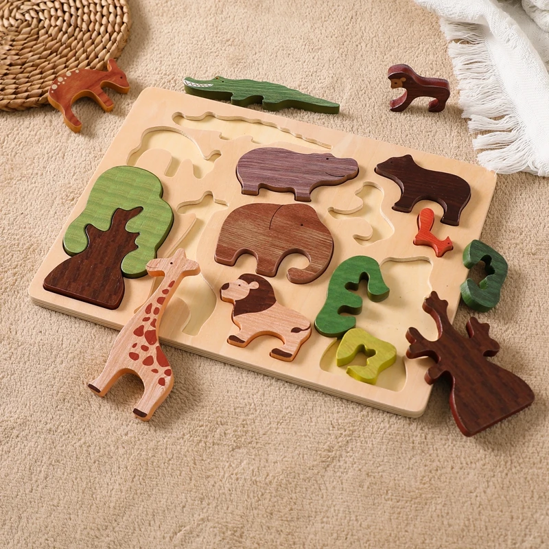 Houten Educatief 3D Puzzel Voor Kinderen Cartoon Animal Jigsaw Cognitie Vormen Blok Puzzels Montessori Baby Speelgoed Tangram Gift