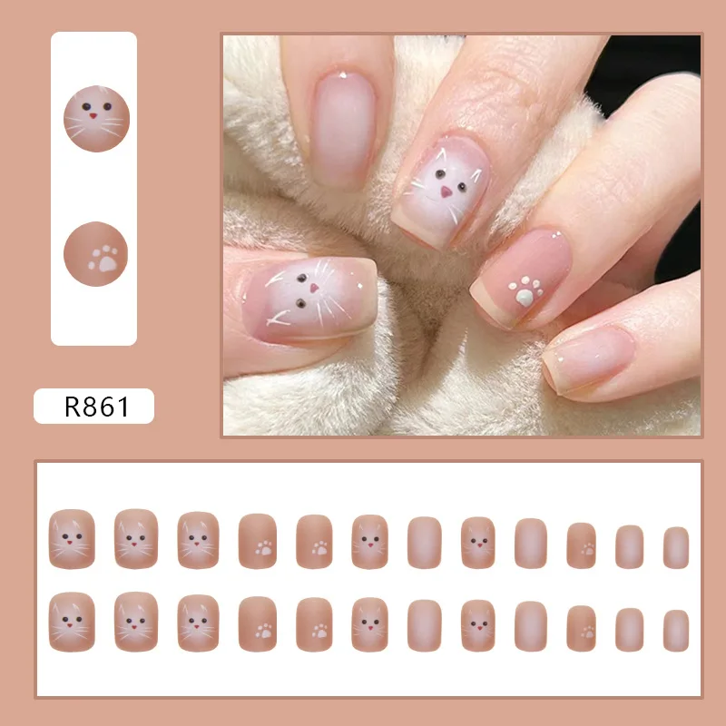 24pcs Cat Short Square Cute Cat Paw Removable Fake Nails Acrylic Korean Cartoon False Nails with Glue Presss on Nails with Tools