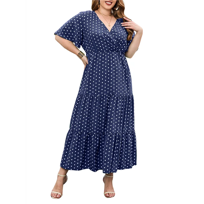 ABP-Damen Casual Plus Size Polka Dots Kleid Sommer Kurzarm V-Ausschnitt Lose abgestufte Maxikleider