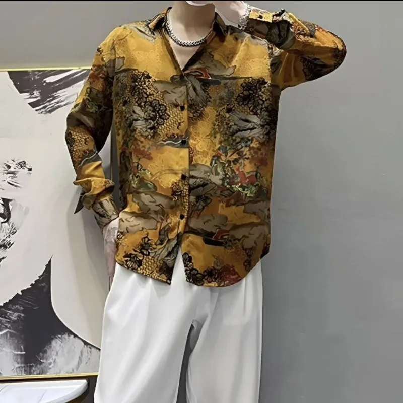 Men's Autumn New Arrival Long Sleeve Shirt Trendy Vintage Floral Print Stylish Luxury Casual Business Blouse