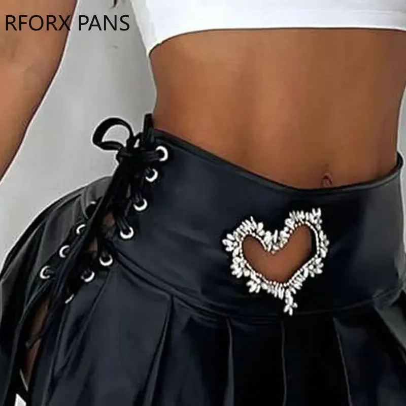 Women Fashion Soild Elegant Rhinestone Heart Hollow Out Lace Up Pleated Mini Black Pu Leather Skirt