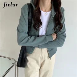 Jielur Short Zipper Hooded Sweatshirts Women All-match Loose Cute Pure Color Hoodies Coat Drawstring Pocket Gray Sweatshirt M-XL