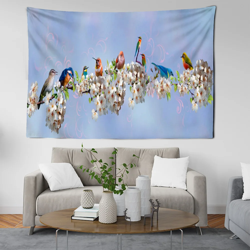 Magpie Sparrow Tapestry Flower Tree Branch Birds Perched Aesthetic Room Decor Maison Wall Gifts Bedroom Dormitory Kitchen