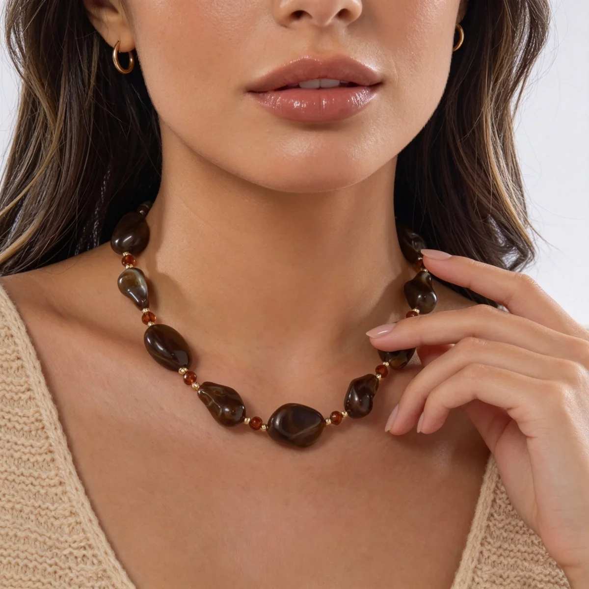 Vintage Unregelmäßige Braune Acryl-Perlenkette für Damen und Herren, Lässiger Minimalistischer Kristall-Abstandsperlen-Choker, Ins Ästhetischer Schmuck – Detail 12