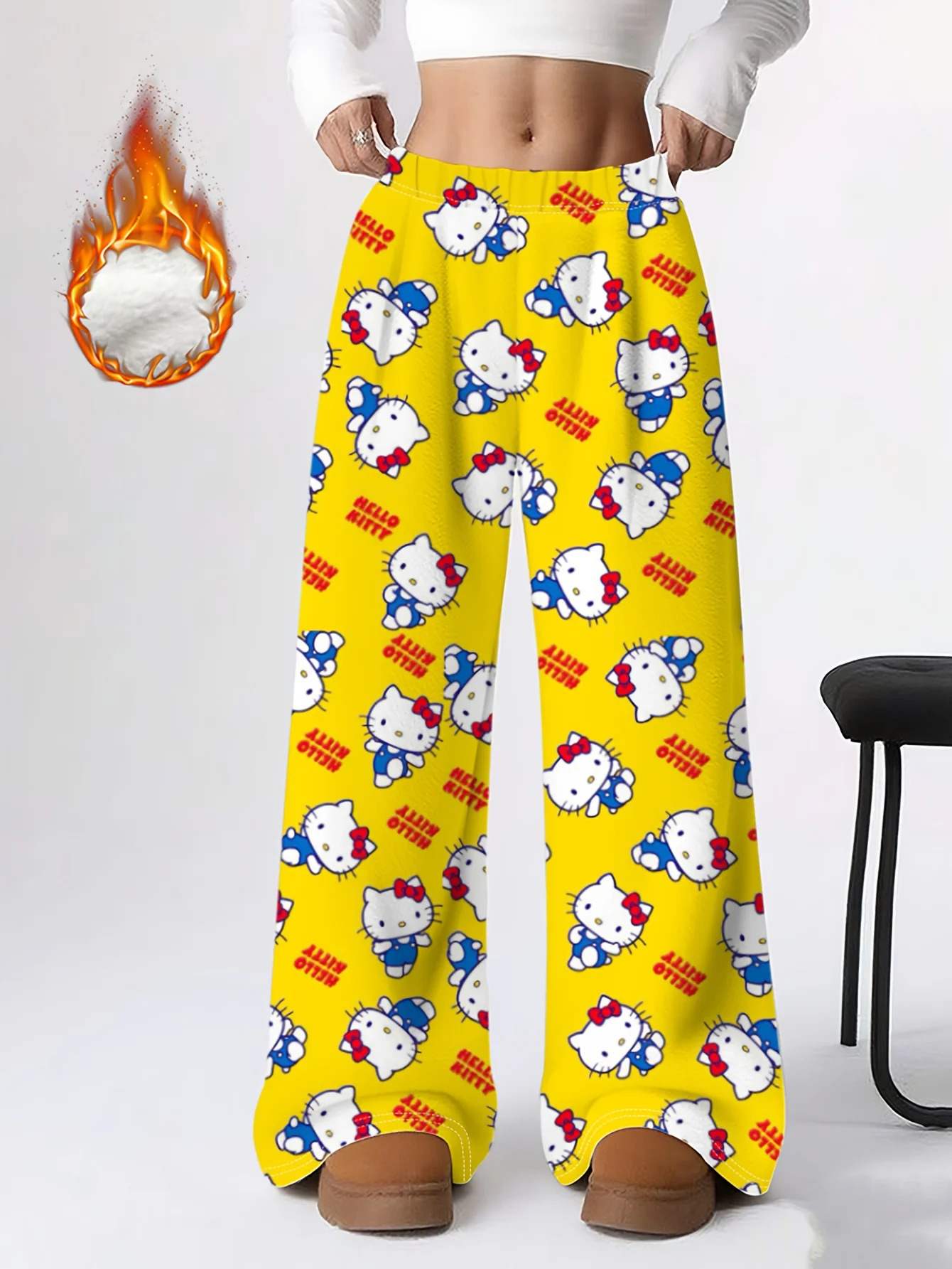 

2026 модные фланелевые пижамные штаны Sanrio Hello Kitty с желтым узором, женские домашние штаны для сна, свободные штаны Y2K для детей/взрослых