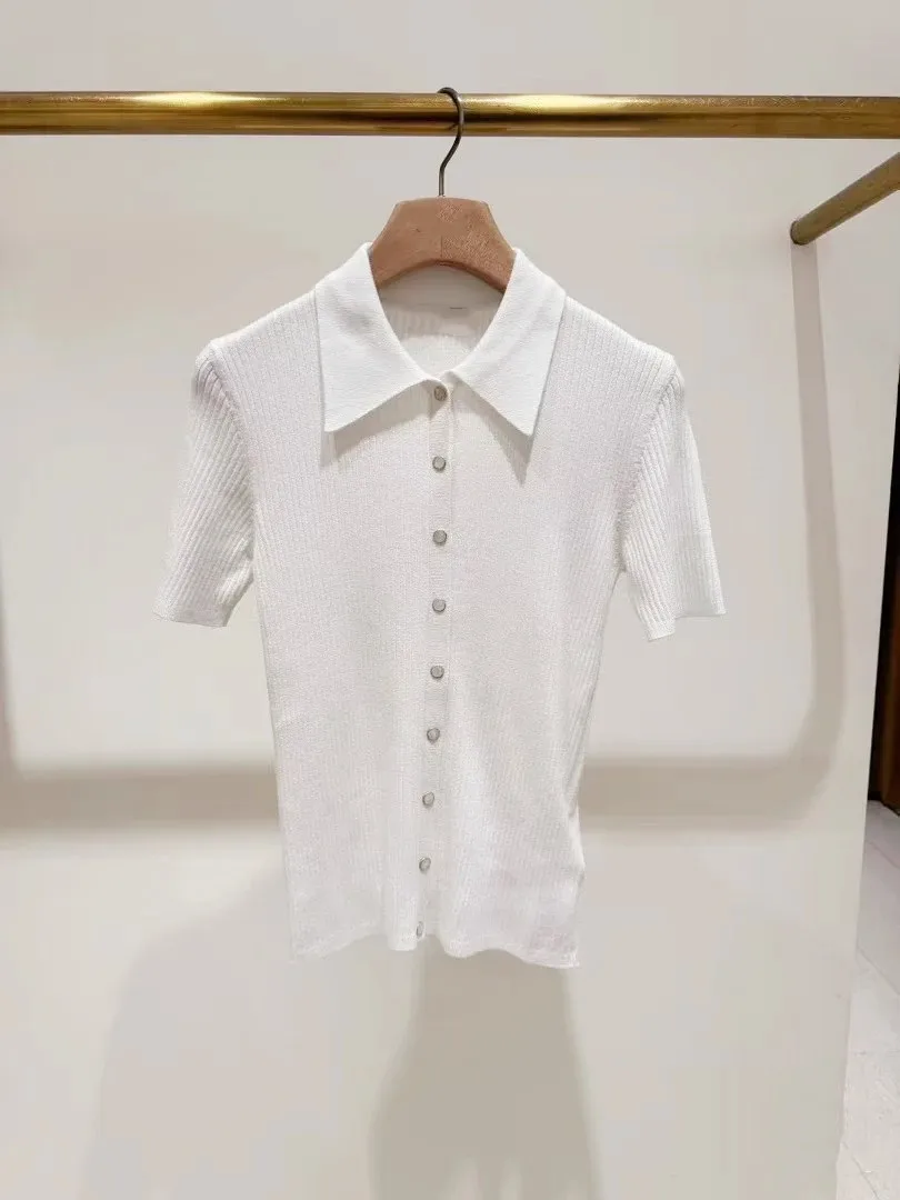

High-End Version European Sle Women's Knitted ort Sve Top White Slim Fit Commute Versatile Simple Design Summer Faion
