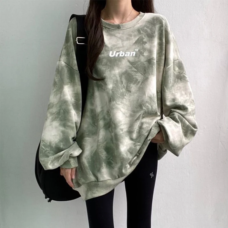 Donna coreano stile retrò Vintage lettera Tie Dye stampa Casual felpa allentata O collo manica lunga Pullover Streetwear autunno 2023