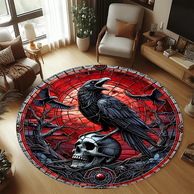 Vintage Stained Glass Pattern Round Carpet Mat Rug Home Decoration Black Crow Background Gothic Style Floor Decor Living Room