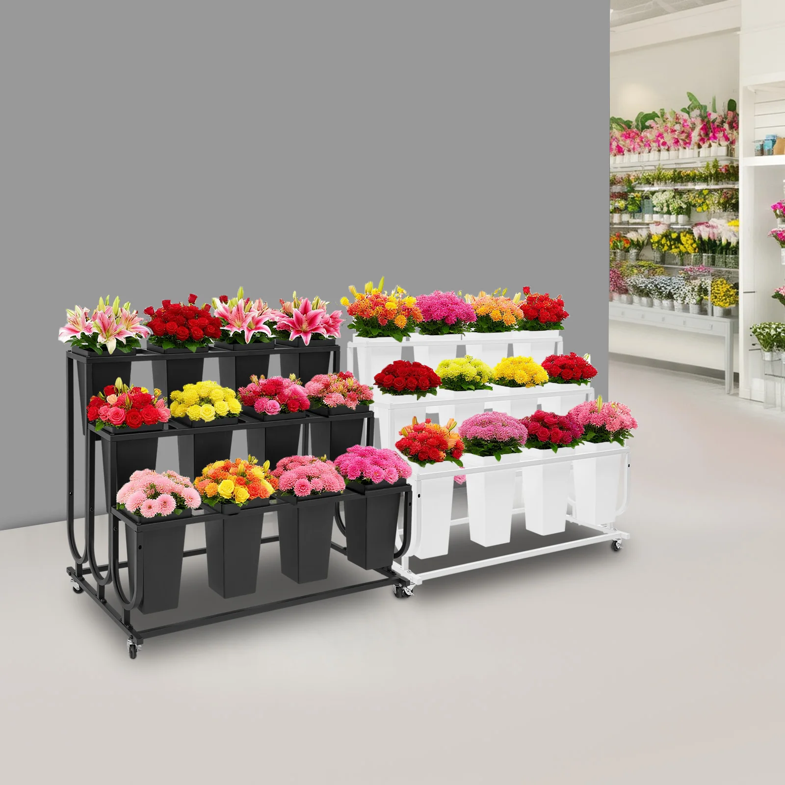

Black/White Metal Flower Display Stand W/ Wheels, Floorstanding Movable Flower Display Stand W/ Buckets For Homes, Balconies
