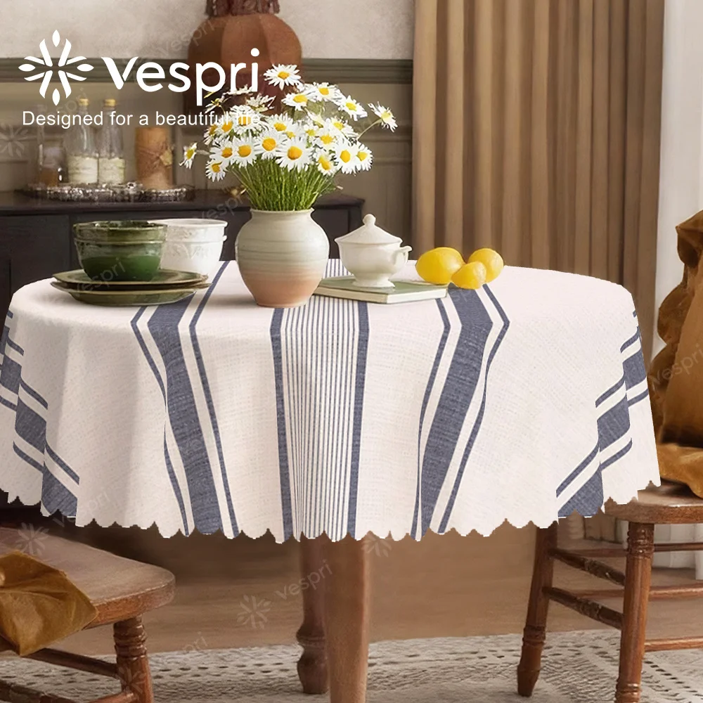 Vespri farmhouse style, simple tablecloth, white and gray decorations, stripes