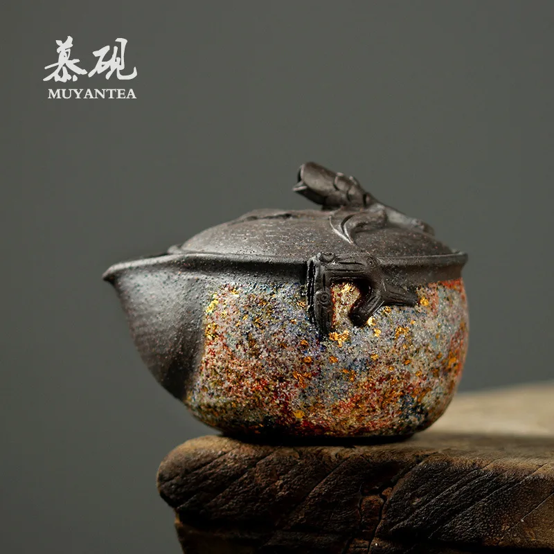 Mu Tao's Pure Handmade Mineral Pot With Japanese Rose Flower Lid, Ceramic Kung Fu Tea Set, Single Pot, Wood-Fired