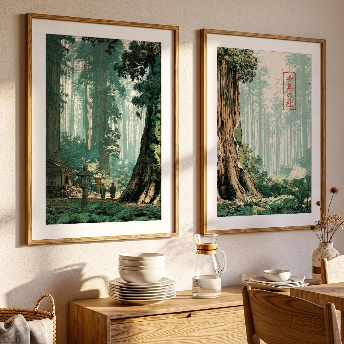 2pcs/set Japanese Anime Forest Canvas Prints PosterJapandi Wabi Sabi Sage Green Zen Art Print Bedroom Wall Art Home Decor Poster