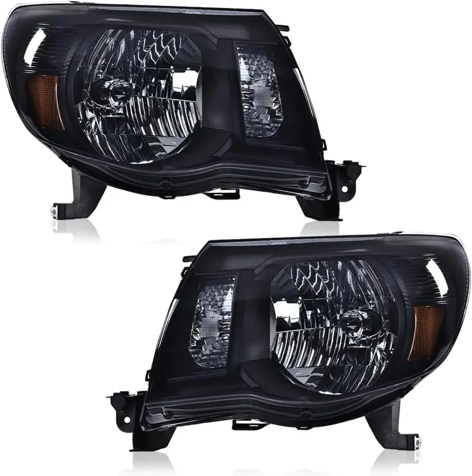 

Headlight Assembly Halogen Compatible with 2005-2011 Toyota Tacoma, Left and Right Headlamp Clear Lens Black Housing Clear Refle