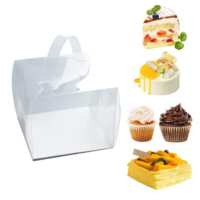 

100Pcs/Lot 4 Size Transparent Plastic Portable Box Dessert Mousse Handle Wedding Birthday Party Cake Heighten Packing Boxes