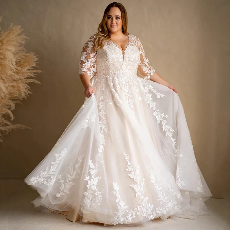 

Plus-Size Wedding Dress Graceful Organza With Embroidery A-Line Ball Gown V-Neck Full Sleeve Customized Bride Vestido De Novia