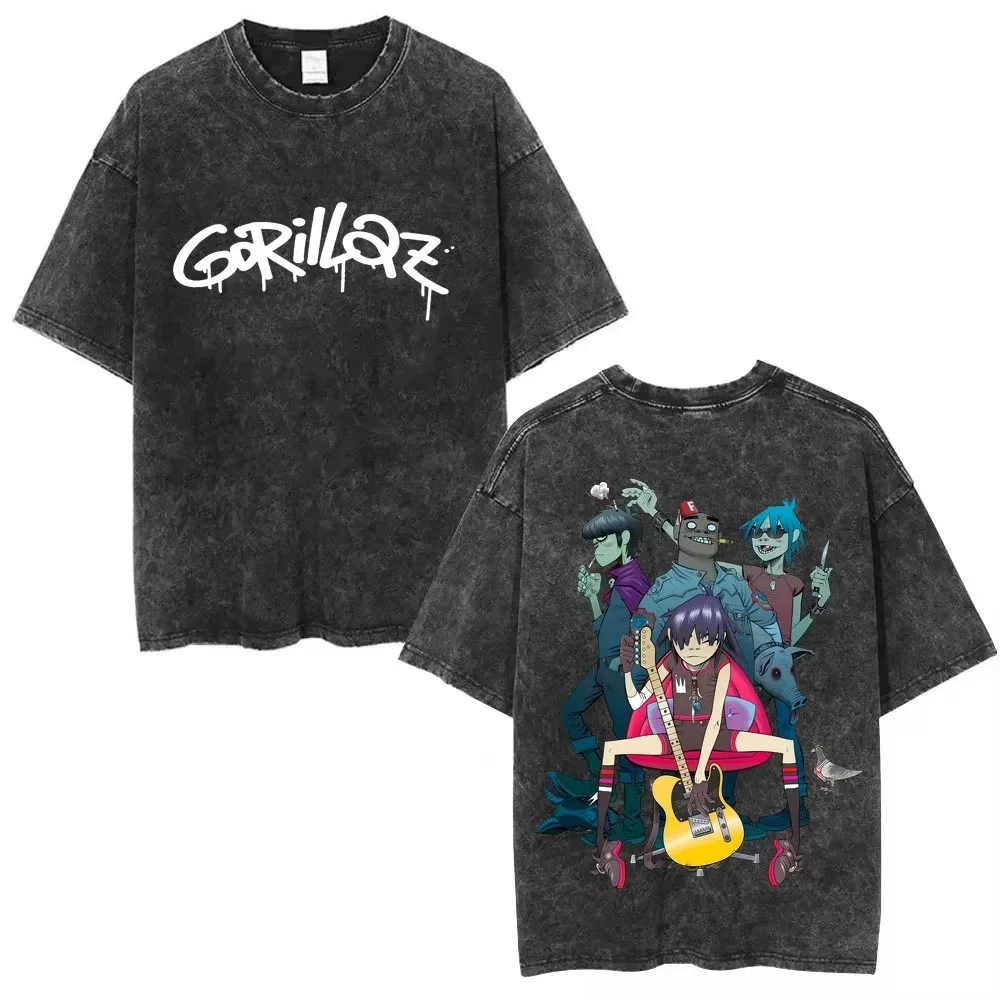 Gorillaz Classic Poster Graphic T-shirt Vintage Washed Cotton Oversized Loose Short Sleeve Tee Men Women Virtual Rock Band Casual Streetwear Summer Top