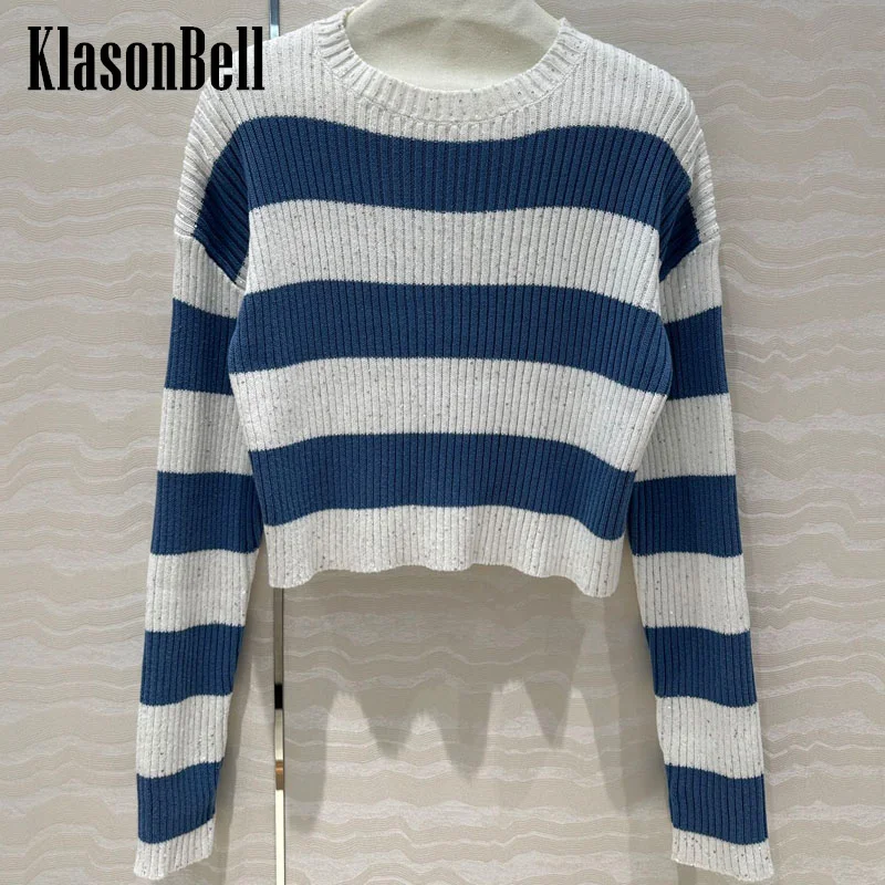 

7.13 KlasonBell Women Sequins Classic Striped O-Neck Pullover Knitwear Top 2024 New Casual Comfortable Ribbed Knit Jumpers