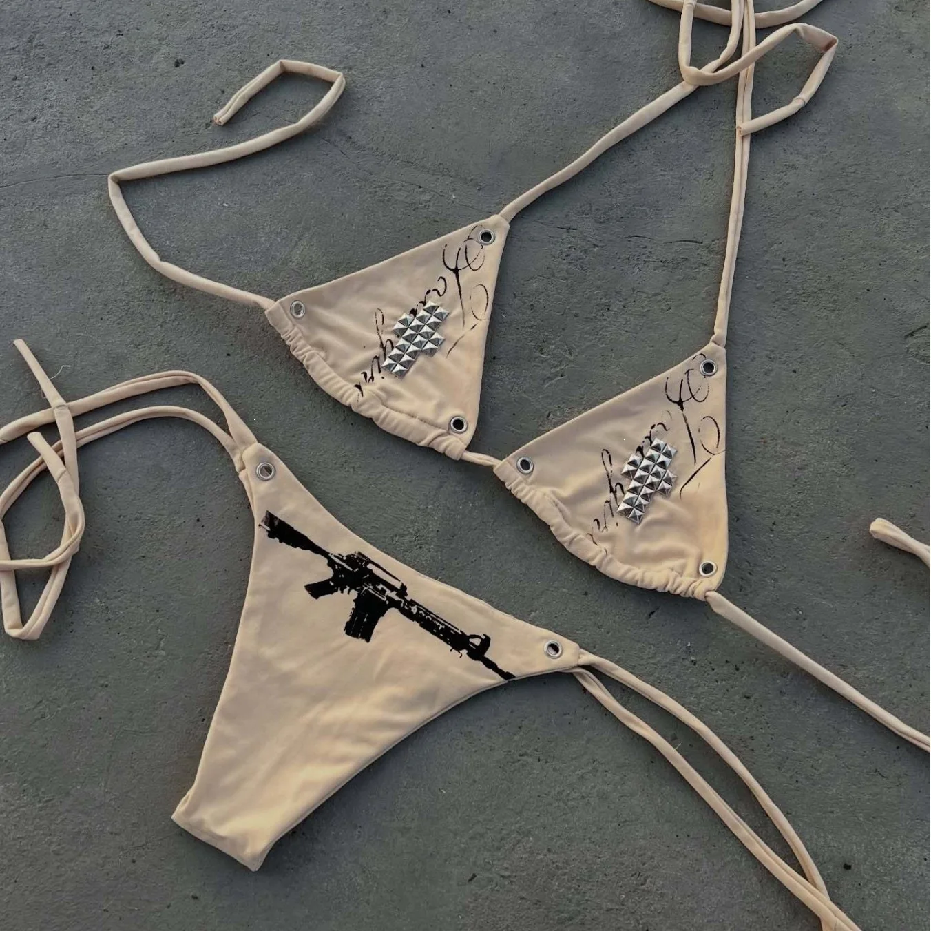 Letter Printed Cross Rhinestone Top Briefs Split Two Piece Sexy Spice Girls Summer Beach Pool Vacation Gothic Spice Girls Bikini
