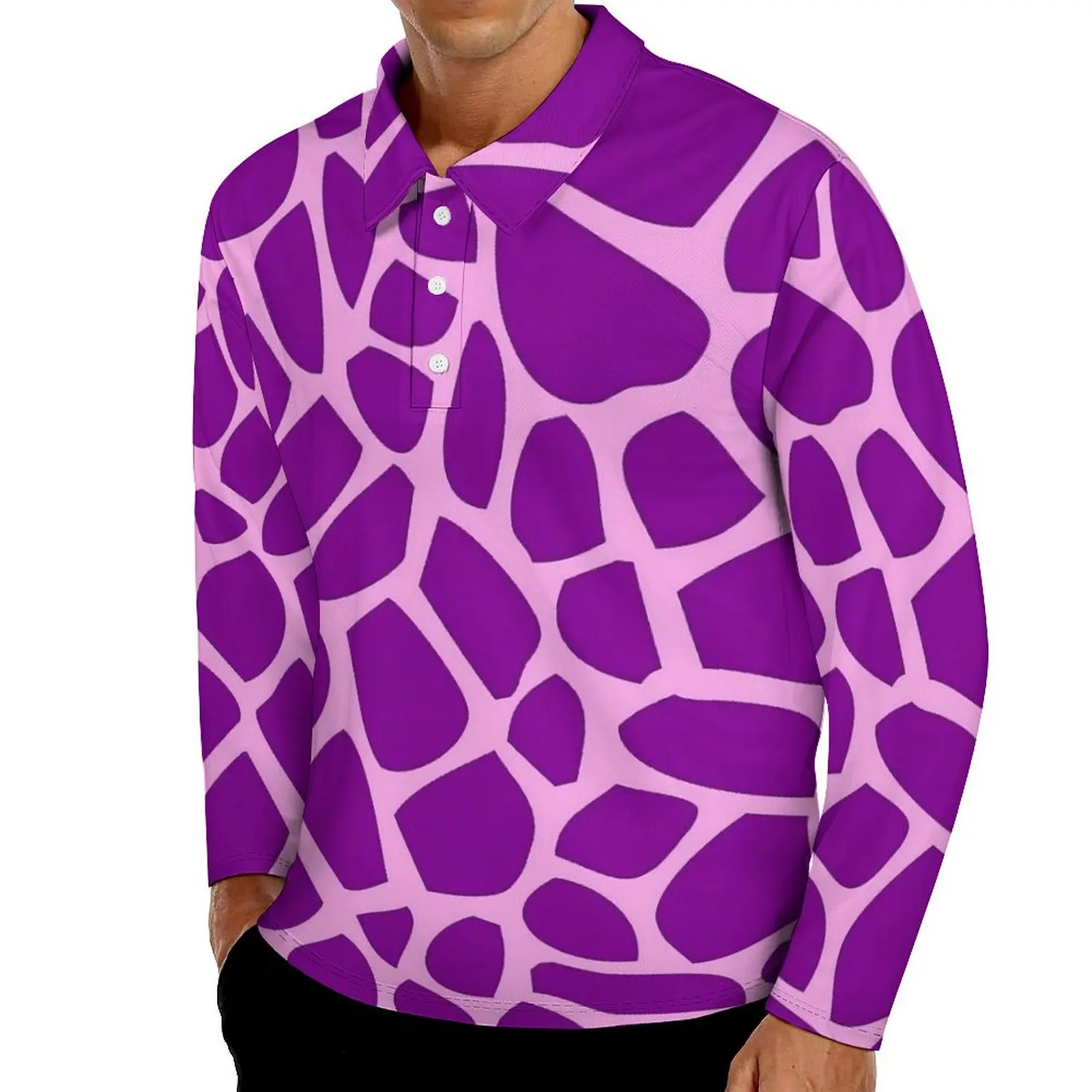 Giraffe Print Casual T-Shirts Man Pink and Purple Long Sleeve Polo Shirts Collar Y2K Spring Design Shirt Plus Size