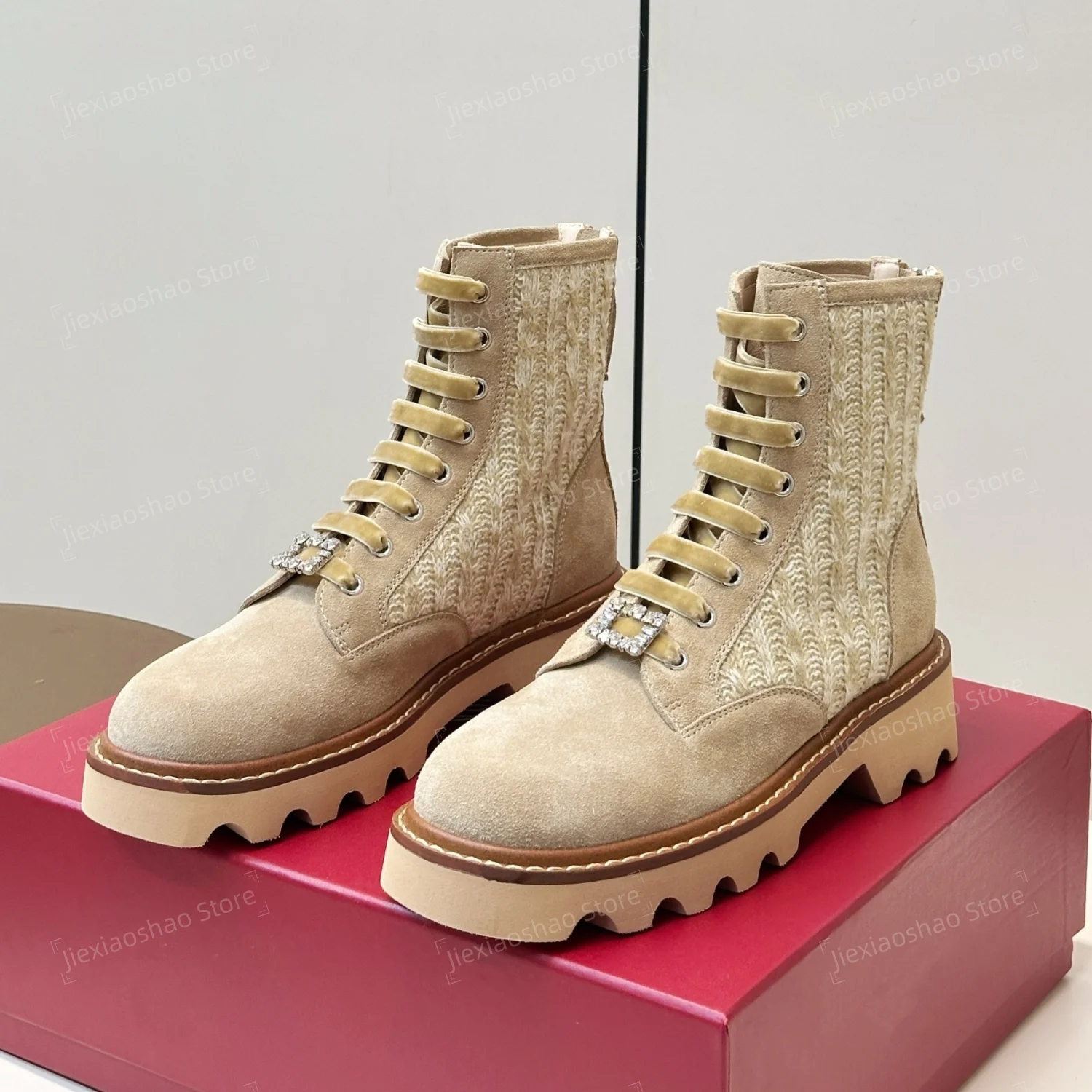 Top Quality Handmade Cow Suede Round-Toe Square Heel Lace-Up Ankle Boots Tweed Short Boots Chelsea Boots 2026 Hiver Botas Mujer