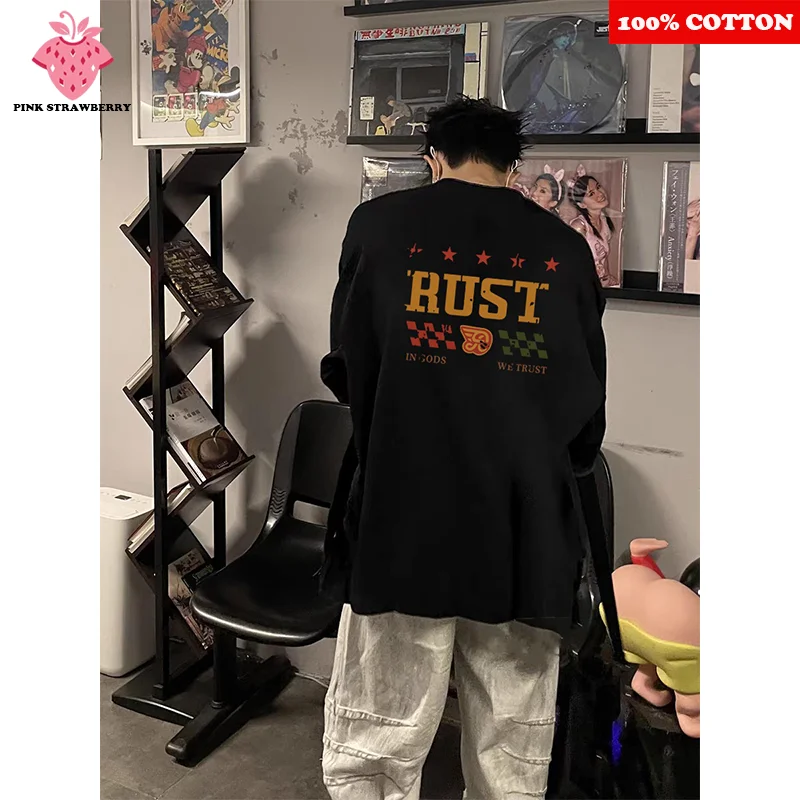 

American Letter Print T-shirt Men Autumn 2025 New 100% Cotton Oversize Black Long sleeves Loose Casual Tee Y2k Top Man clothing