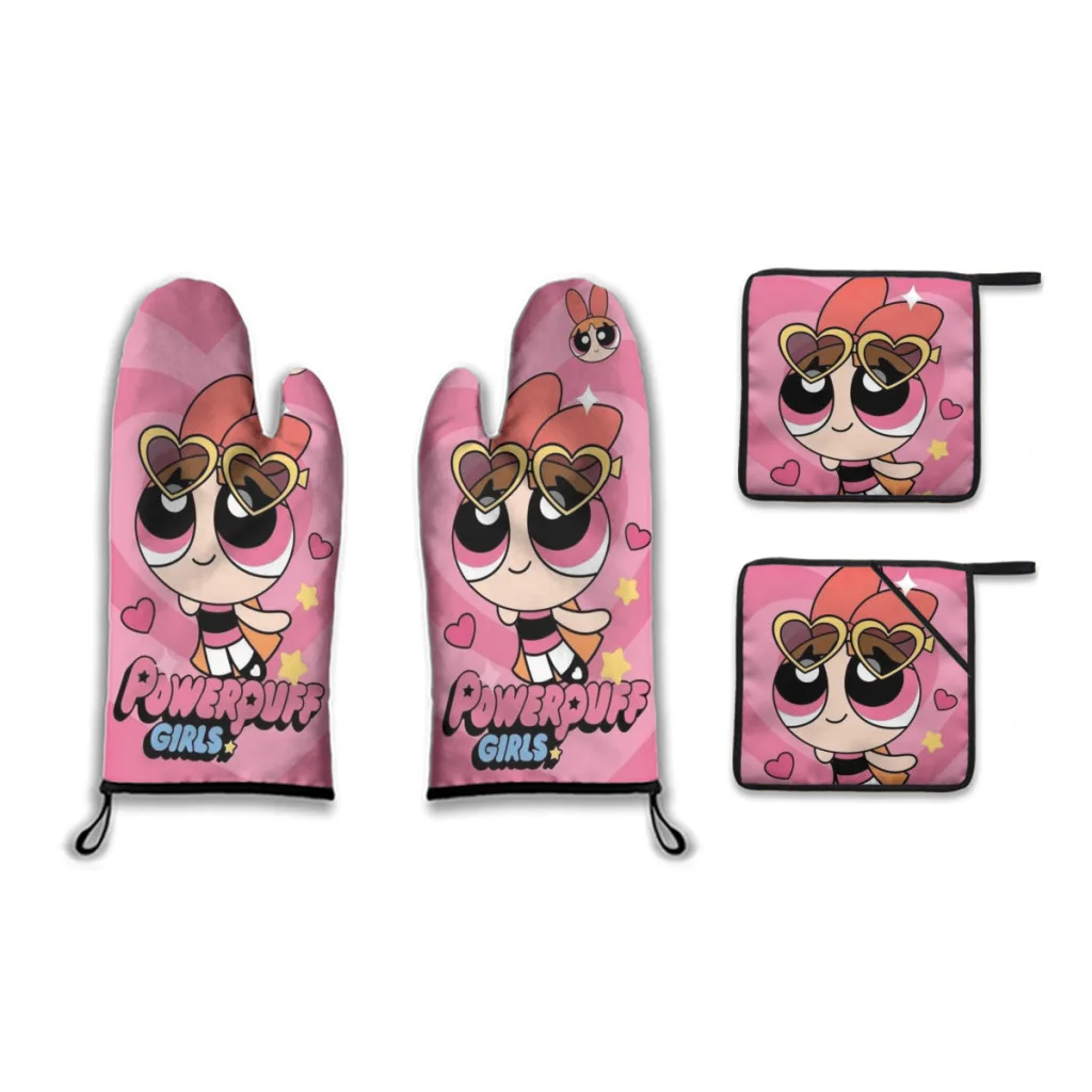 

The-Powerpuff-Girls Oven Mitts and Pot Holders Sets of 4,Resistant Hot Pads with Polyester Non-Slip BBQ Gloves for Kitchen