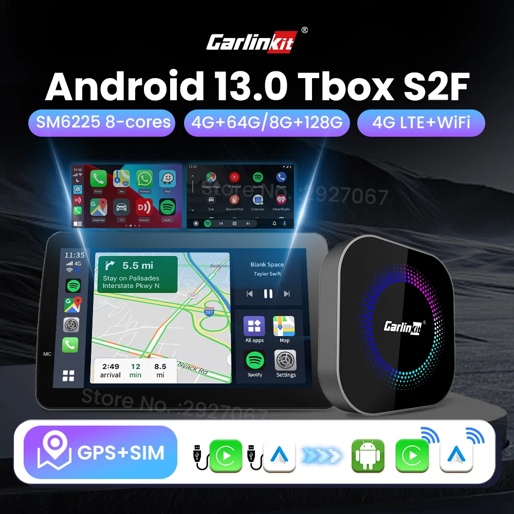 CarlinKit CarPlay Ai Box S2F Android 13 Car TV Box SM6225 128G 64GB Wireless Android Auto Car Play محول 4G LTE لـ YT Netflix