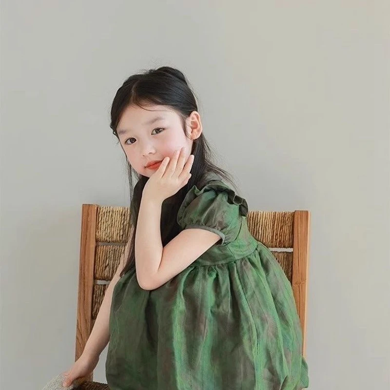 1-9Years Toddler Baby Girl Summer Dress Children Turn Down Collar Short Sleeve Princess Dress Children Green Causal Outfits 8 9