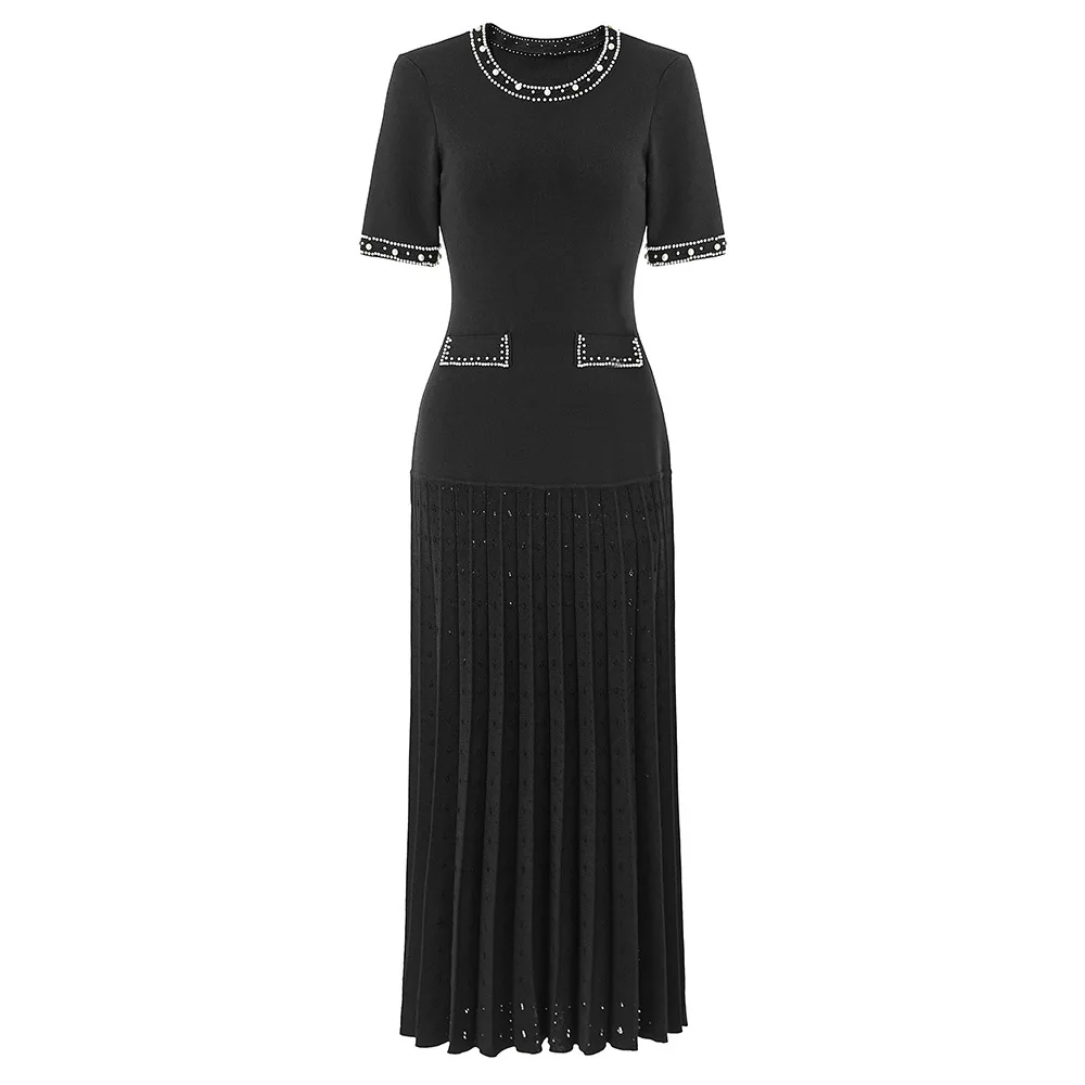 Schwarzer Rock, schwere Industrie, Perlen, Rundhalsausschnitt, kurze Ärmel, Strickrock, hohe elastische Taille, plissiertes Kleid