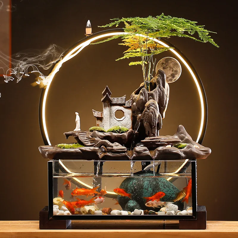 Flowing water for wealth ornaments circulating water ecological small glass fish tank landscaping indoor decoration