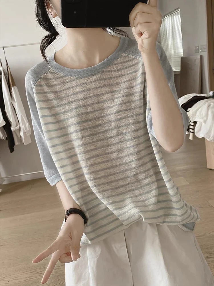 

plus Size Women's Summer Loose Slimming Basic Ice Silk Base irt Thin Knitted Top Striped T-irt Comfortable Breathable