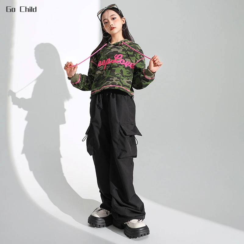 Hip Hop Girls Camouflage Hoodies Cargo Pants Clothes Sets Kids Hooded Sweatshirt Joggers Child Street Dance Streetwear Costumes