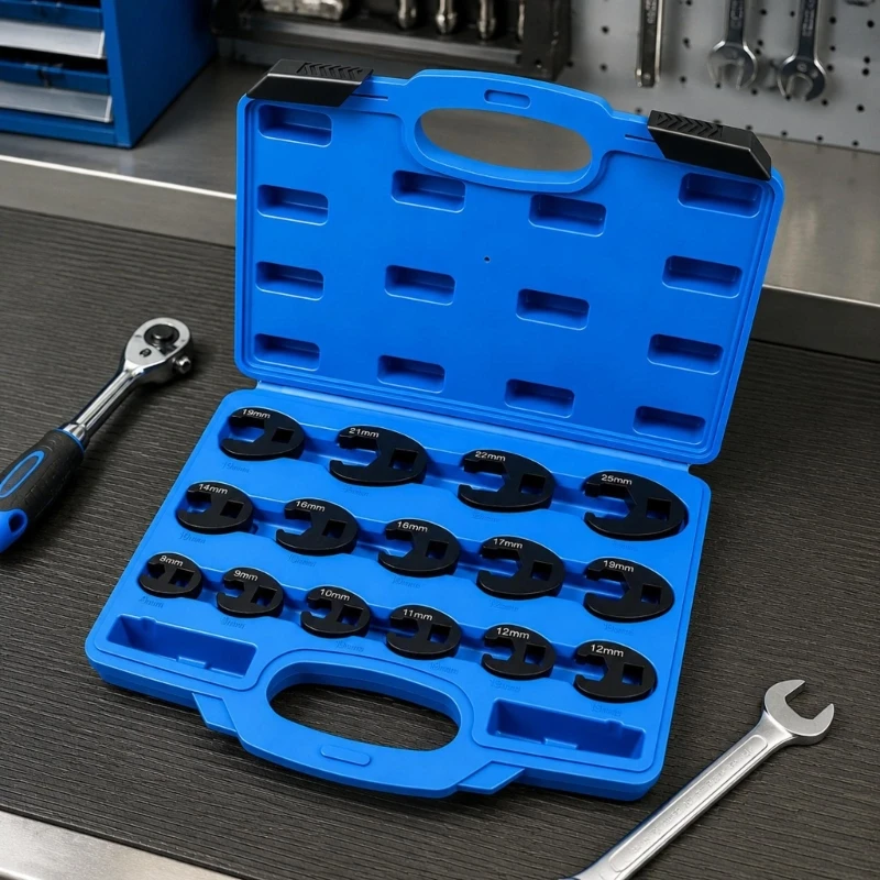 Crowfoot Head Set with U-Shaped Open Ends, Visible Size Labels and Organized Carry Case for Pipe Fitting Removal and M4YD