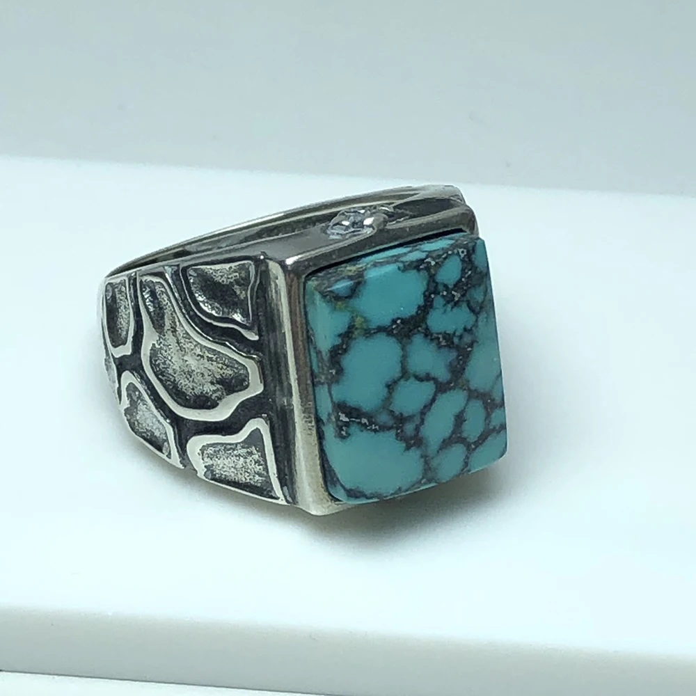 

Natural Boutique Turquoise square ring 925 silver Retro Open able ring