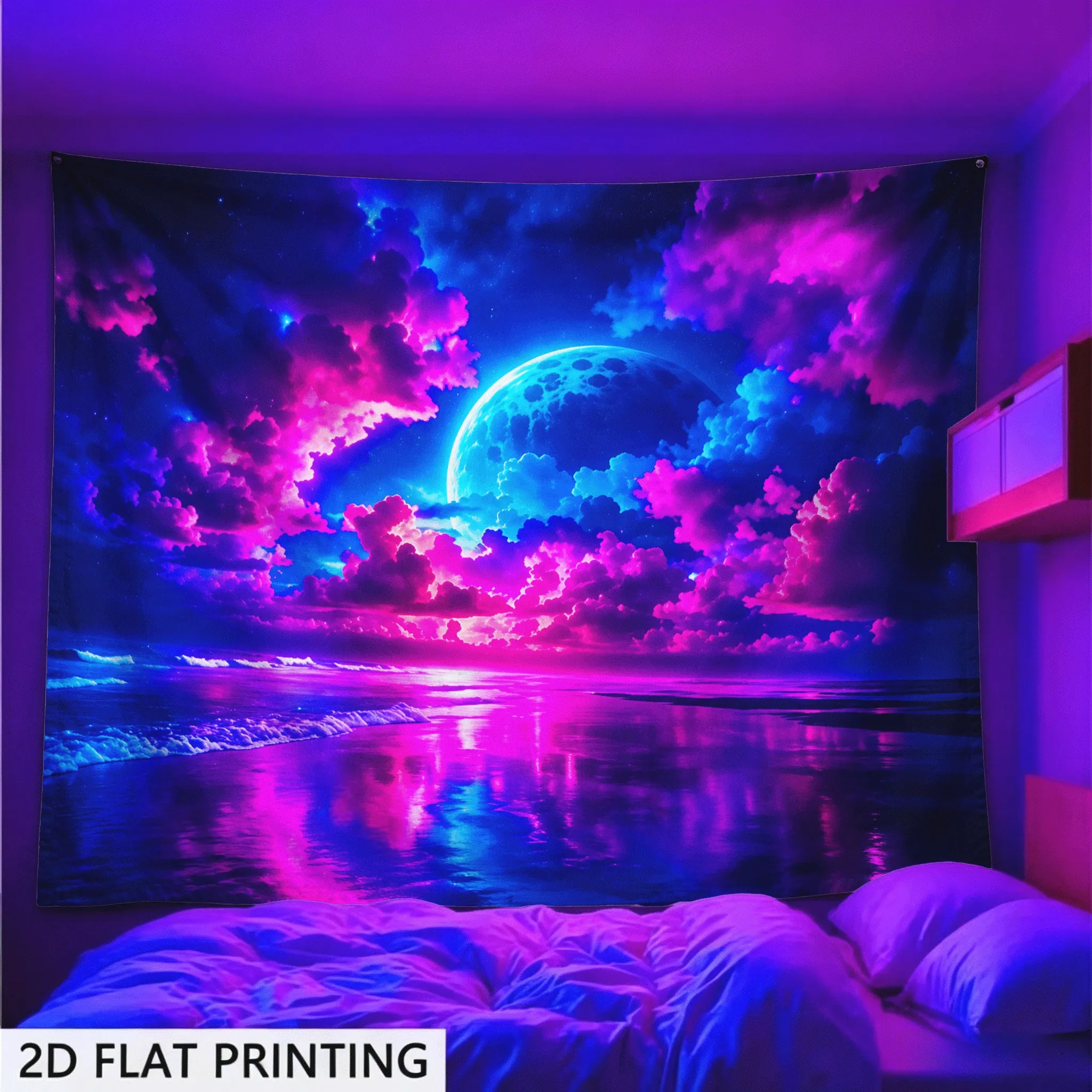 Cosmic Galaxy Tapestry Wall Hanging Decor Vibrant Neon Night Sky Space Art Moon Planet Bedroom Living Room Poster Decoration