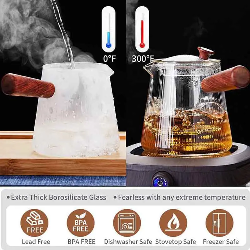 YMEEI Glass Teapot with Removable Clear Infuser Sandal Wood Handle Stove & Microwave Safe Borosilicate Glass Kettle 500ML 800ML