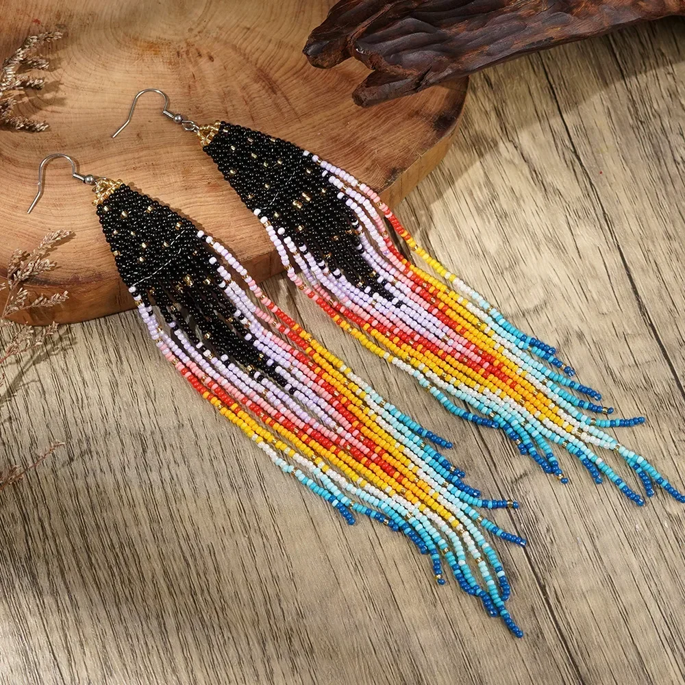 Beaded earrings Tassel Astral Gradient color Exquisite Hand knitting Bohemia Alloy Tide Simple Female Rice bead earrings