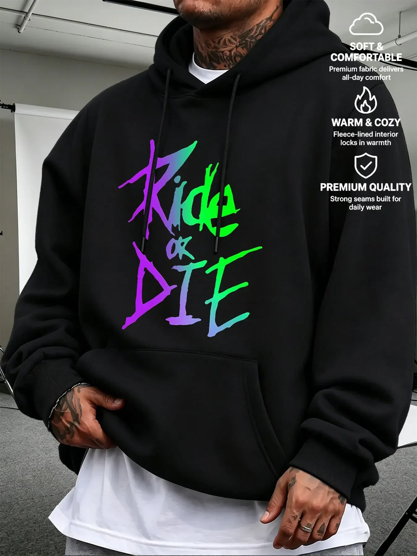 Men Vintage Ride Or Die Sports Hoodie Gradient Neon Letter Print Biker Graphic Oversized Pullover Sweatshirt Y2K Streetwear